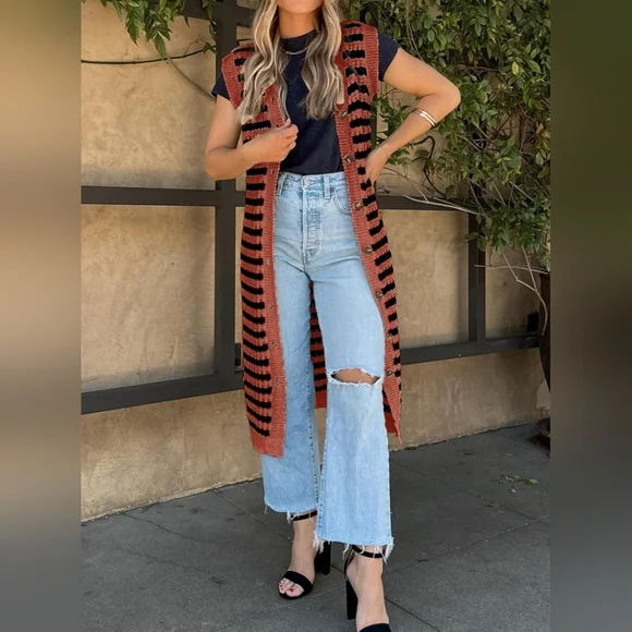 NWOT Striped Black and Rust Button-Down Knit Cardigan - Picture 4 of 7